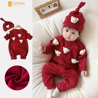 Body Đỏ Kèm Mũ Lót Lông Nhung Đính Gấu Nổi Ấm Áp Cho Bé, Bodysuit LOTUKA Bé Trai Bé Gái, Quần Áo Trẻ Em Size 3-12kg
