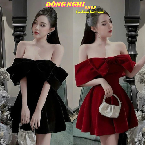 DX_ Đầm đi tiệc, váy dự tiệc sang trọng, Đầm trễ vai thời trang Nữ Nhung phối nơ ngực mặc tôn dáng