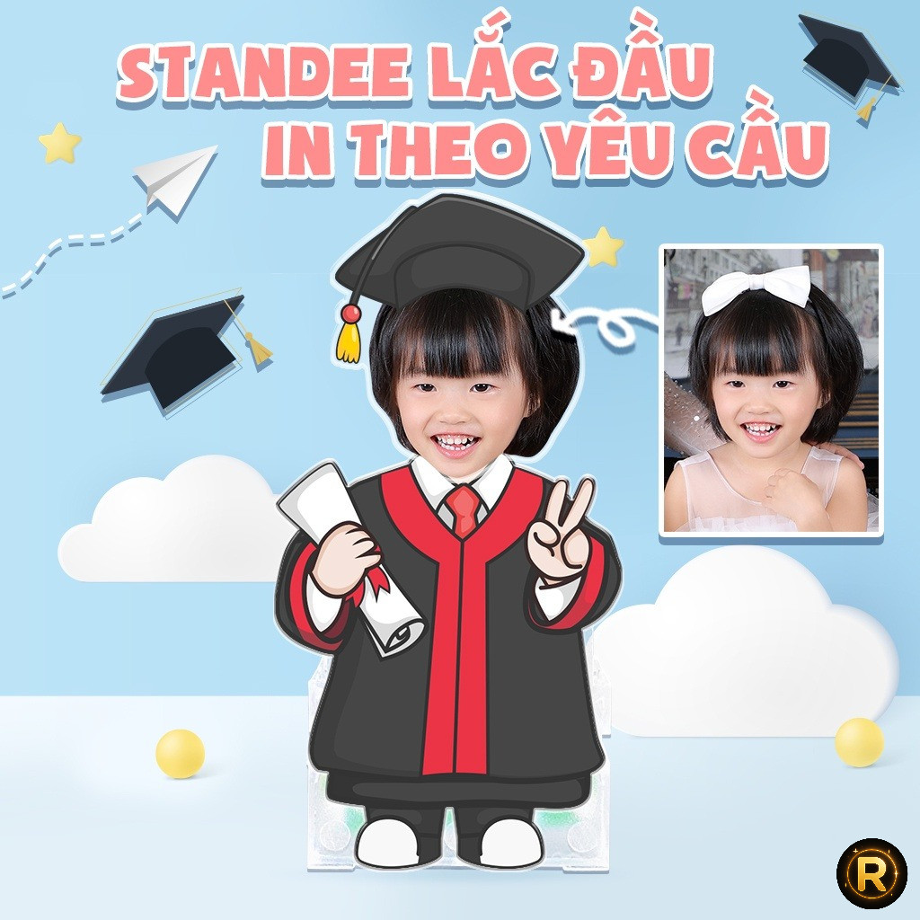 Mô hình standee lắc đầu ghép mặt học sinh tốt nghiệp chụp kỷ yếu in theo yêu cầu, mô hình chạy pin t