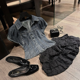  Set Bộ  Áo Sơ Mi Bò Cộc Tay Mix Chân Váy Xoè tầng Set Bộ Áo Denim Chiết Eo Mix Chân Váy Cạp Chun Cá Tính Zinna 