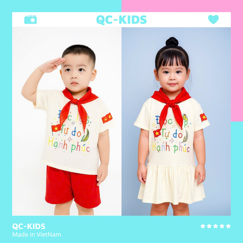(TẶNG KÈM KHĂN QUÀNG+ CỜ CẦM TAY) Bộ quần áo cộc tay và váy độc lập tự do cho bé trai bé gái 8-18kg