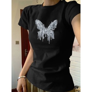 【100% cotton 】Áo baby tee Áo Thun ôm body Áo y2k Áo thun ngắn tay in hình bướm thời trang màu đen