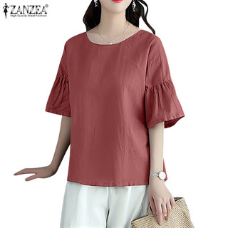 Zanzea Áo sơ mi nửa tay cổ tròn thông thường Hàn Quốc dành cho nữ