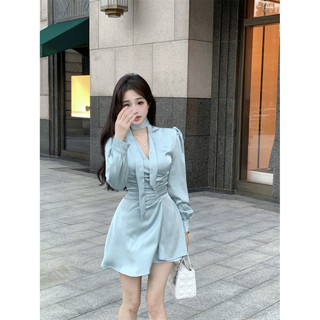 Váy Liền Cổ Chữ V Dài Tay Cạp Cao Nhăn Nheo Tôn Dáng Váy Liền Thân Sang Trọng Mẫu Xuân Thu Cho Nữ