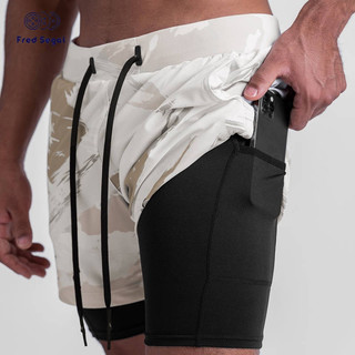 Men's Summer Workout Anti-Exposure Multi-Pocket Quick-Drying Breathable Double Layer Running Exercise Shorts Thin Five Points Basketball Shorts Rmax