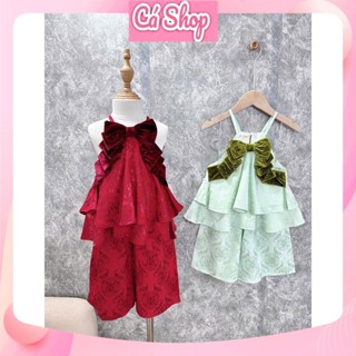 Xả Set bộ bé gái CS470, set bộ lụa gấm dải bèo cho bé mặc tết trung thu