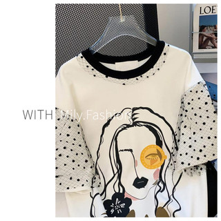 Milyfashion Fat MM Size Lớn Trắng Khâu Áo Thun Nữ Tay Ngắn Thiết Kế Mùa Hè Niche Loose Casual American Top