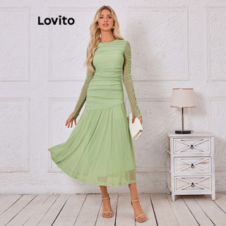 Đầm Lovito phối lưới màu trơn phong cách thường ngày cho nữ LBL14129