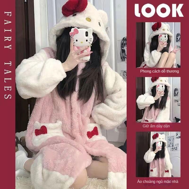 Đồ ngủ hello kitty đồ mặc nhà nữ dễ thương bigsize dày mùa thu đông Set đồ bộ Áo Choàng Ngủ+quần hello kitty