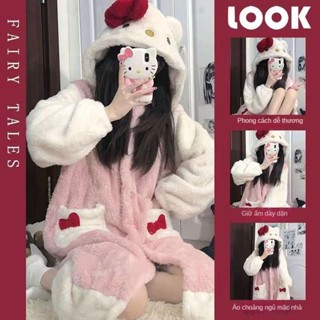 Đồ ngủ hello kitty đồ mặc nhà nữ dễ thương bigsize dày mùa thu đông Set đồ bộ Áo Choàng Ngủ+quần hello kitty