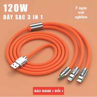 Cáp Sạc Nhanh 3 Đầu 120W Dài 1.2m. Cáp sạc hợp kim kẽm, có đèn LED, siêu bền. Dây sạc 3 in 1, Dây Sạc 3 Trong 1