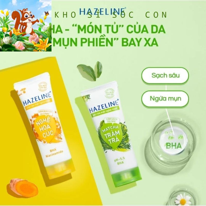 (COMBO 5) Sữa rửa mặt Hazeline nghệ hoa cúc 15gr - Sữa rửa mặt Hazeline matcha tràm trà ngừa mụn 15 
