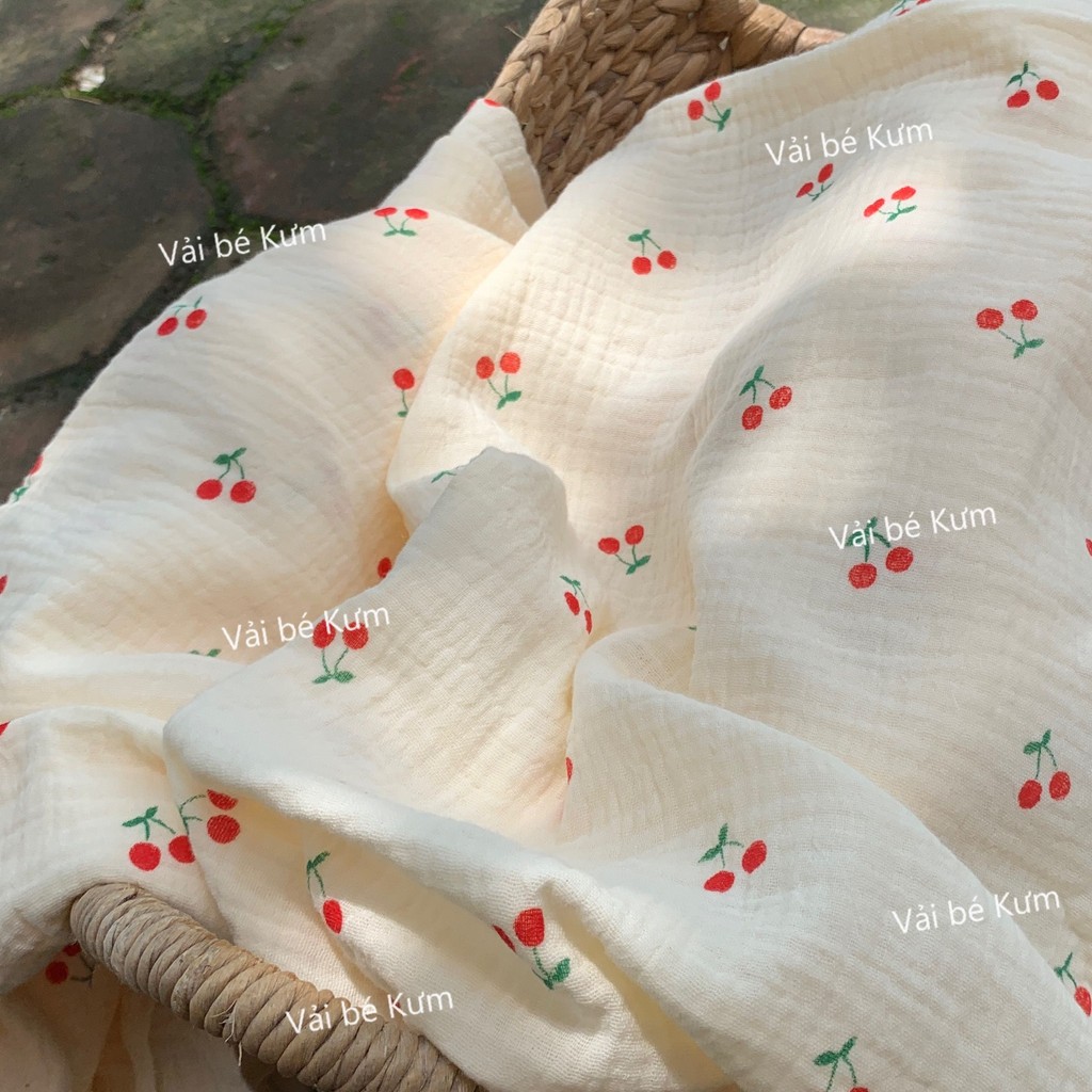 Vải xô muslin cho bé - Vải xô muslin may đồ cho bé mẫu cherry XH1