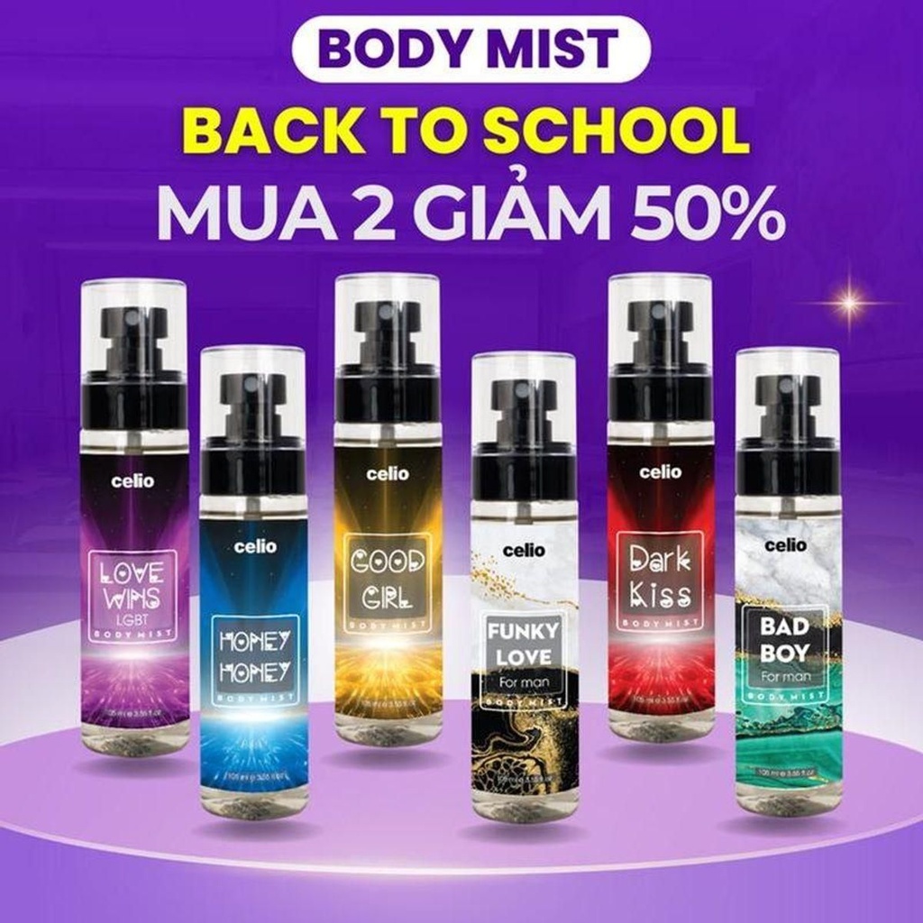 BODYMIST 30ml  Xịt Thơm Toàn Thân Nam Nữ CELIO Lưu Hương 6 Giờ - Nước Hoa Hẹn Hò, Đi Chơi, Đi Học