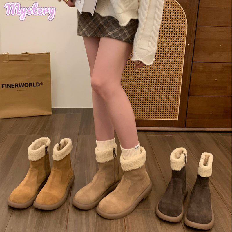 Giày bốt lông cừu đế bệt sành điệu dành cho nữ Giày bốt ấm áp thoải mái có mũi tròn