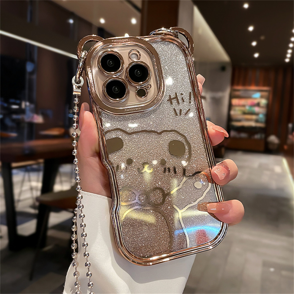 Có Dây Buộc Lấp Lánh Gấu Dễ Thương Phon Dành Cho IPhone 16 Pro Max 11 12 13 14 15 Pro Max 16 Plus Vỏ Tpu Mềm Mạ Gradient