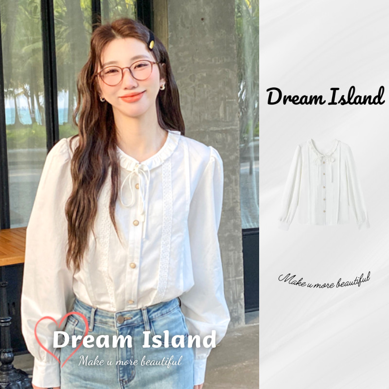 『Dream Island』Áo sơ mi dài tay babydoll cổ búp bê tay phồng ren trắng ngọt ngào dễ thương phong cách Hàn Quốc đơn giản thời trang tươi mới