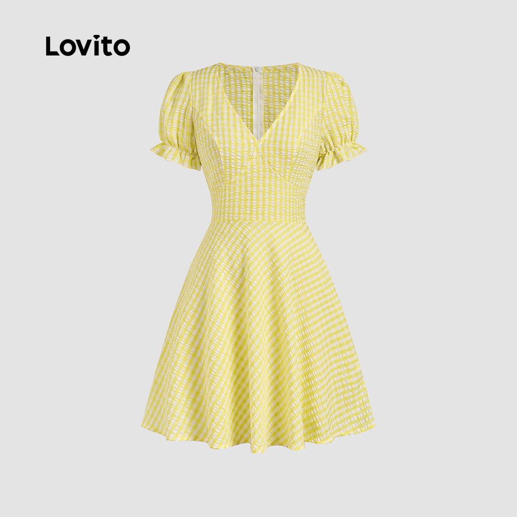(Trendy) Lovito Váy dây kéo kẻ sọc thông thường mùa xuân / mùa hè màu vàng dành cho nữ L134LD017