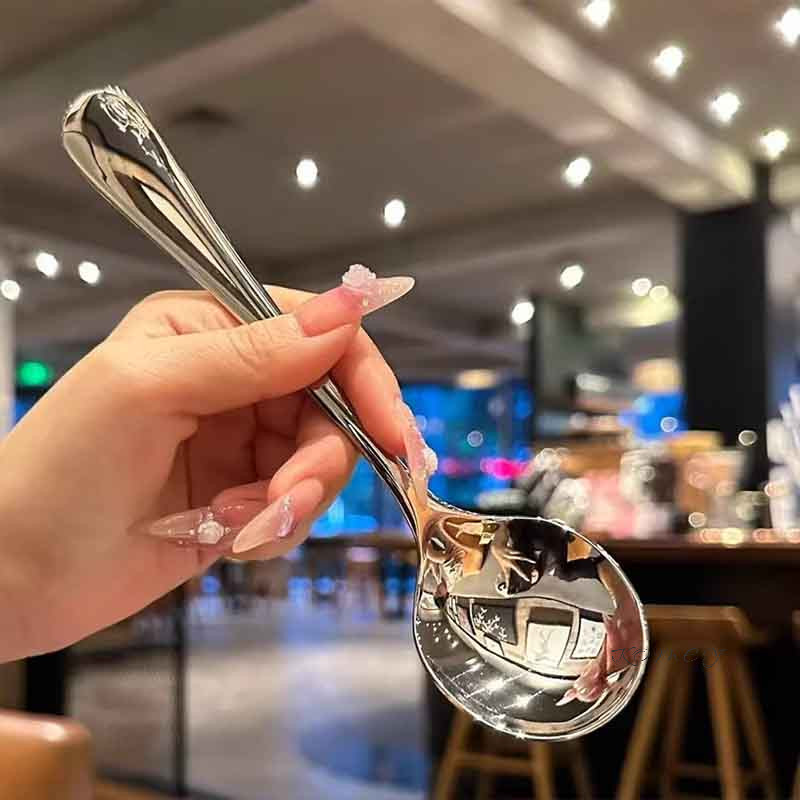 Thìa thép không gỉ gia đình đơn giản dễ thương thìa cơm cán dài thìa tròn sáng tạo