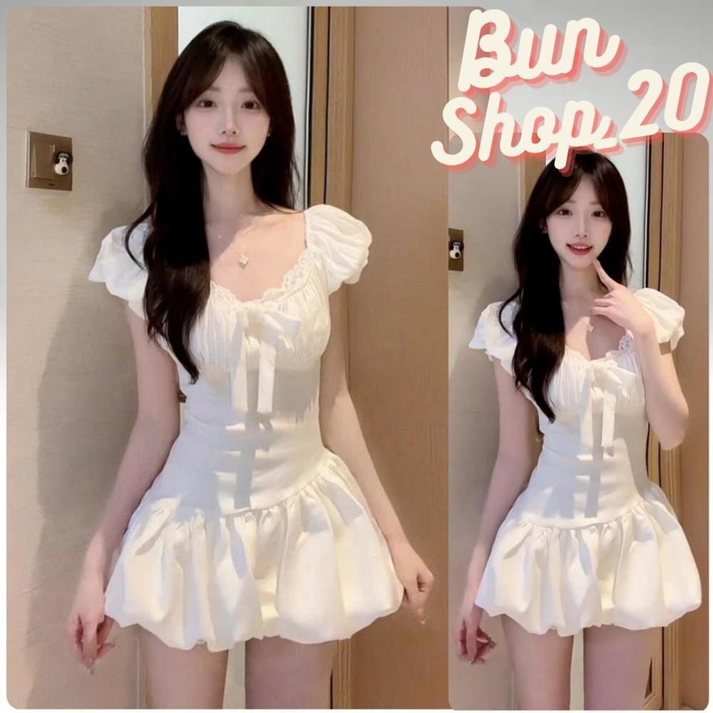 Váy Bí Tay Phồng Tiểu Thư Đính Nơ Ngực Cổ Áo Phối Ren Thiết Kế Ôm Eo Chất Vải Lụa Hàn Có Sẵn Mút Ngực