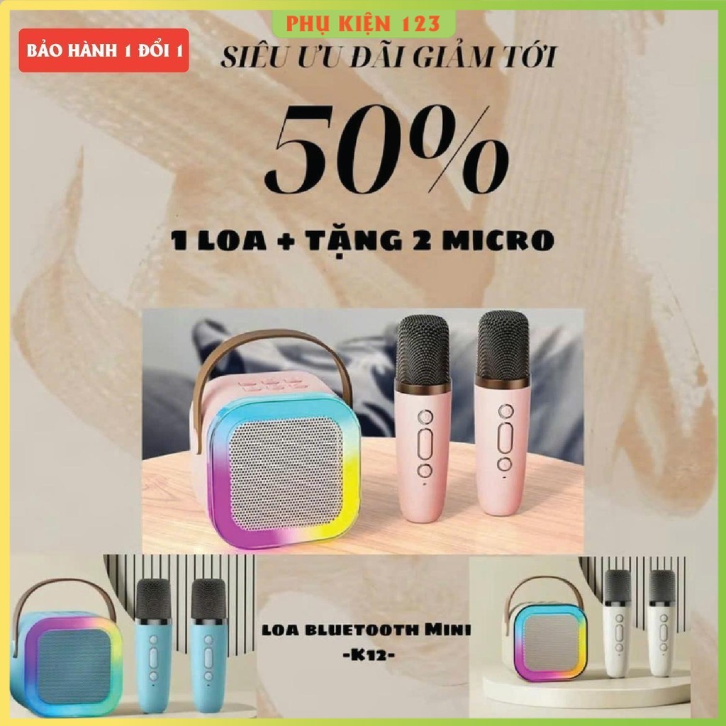Loa kéo karaoke, Loa Bluetooth Karaoke Mini 2 Mic K12 – CÓ ĐÈN LED – Loa mini, Loa K12, Loa Karaoke 