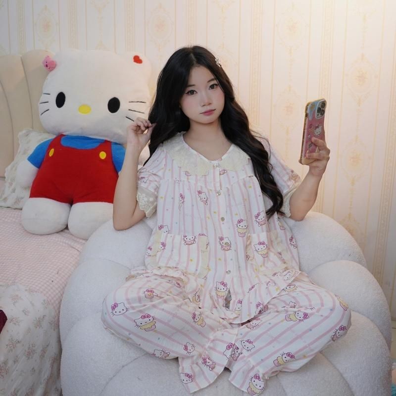 bộ ngủ nữ tiểu thư cổ sen cộc dài vải đũi bông mây mùa hè mặc đi ngủ mát mẻ thoải mái Women Quần Ngủ Áo Ngủ Cotton | BigBuy360 - bigbuy360.vn