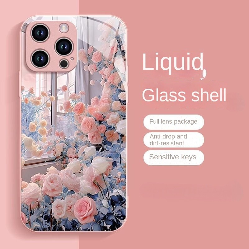 Ốp Điện Thoại Hồng Hoa Hồng Chống Rơi Bảo Vệ Kính Cường Lực Khí Cho iPhone 15Pro 15 14 8 7 Plus 13 1