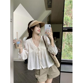 Áo sơ mi ngắn tay ren cổ chữ V cổ chữ V dáng rộng thời trang
