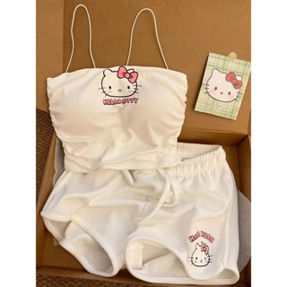 Có Miếng Lót Ngực Dễ Thương Hello Kitty In Hình Sling Bộ Đồ Ngủ Nữ Mùa Hè Phong Cách Mới Influencer Quần Short Ôm Dịch Vụ Tại Nhà