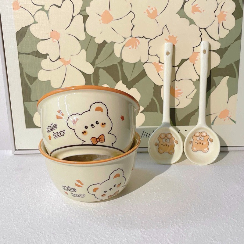 SET 2 chén sứ kèm 2 thìa gấu bear cute