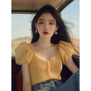 Yuewen YUEWEN Dopamine Áo Sơ Mi Tay Ngắn Ngọt Ngào Nữ Cảm Thấy Sang Trọng Slim-Fit Sang Trọng Áo Sơ Mi Nhỏ