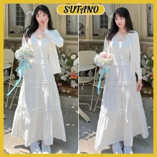 Set váy áo nàng thơ 3 món áo 2 dây phối áo khoác ngoài cardigan mỏng kèm chân váy voan dài tiểu thư B554 SUTANO