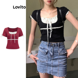 Lovito Áo Thun Thường Ngày Phối Ren Kiểu Dáng 2 Trong 1 Dành Cho Nữ Lne36067 (đen Trắng)