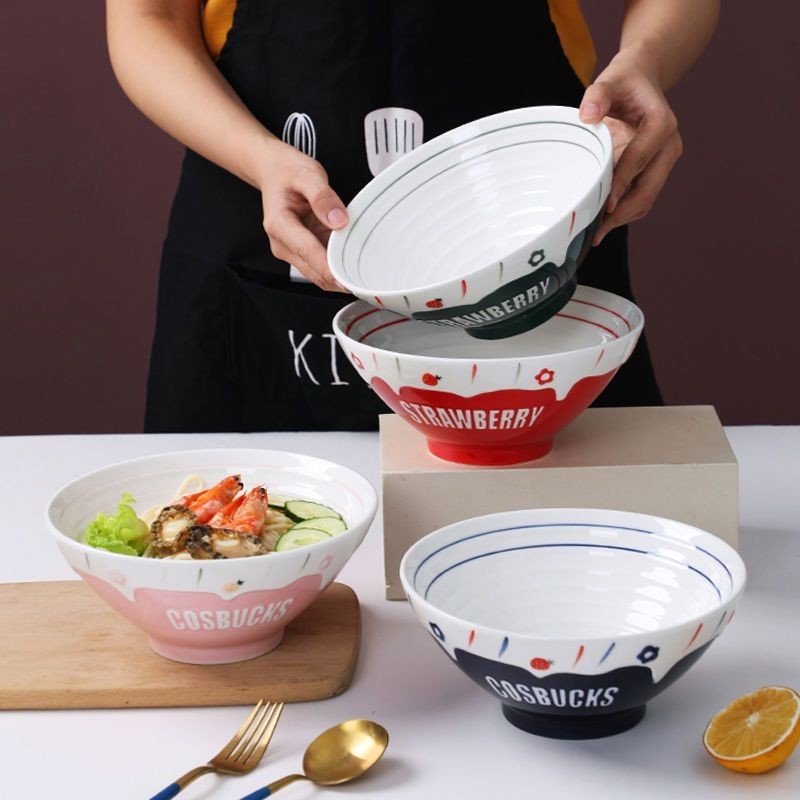 Bát Ramen lớn bằng gốm dâu tây phong cách Nhật Bản, Bát mũ, bát súp lớn gia dụng, bát mì ăn liền, mì