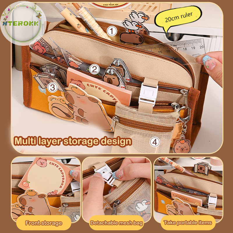 Terokk Hoạt Hình Canvas Capybara Túi Đựng Bút Chì Kawaii Dung Tích Lớn Túi Bảo Quản Máy Tính Để Bàn Sắp Xếp Dễ Thương Túi Văn Phòng Phẩm Trẻ Em Quà Tặng VN