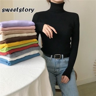 Mùa Đông Cổ Rùa Áo Len Nữ Dệt Kim Chui Đầu Mềm Mại Mỏng Tay Dài Top Màu Cơ Bản Cổ Cao Nữ Quần Áo sweetstory