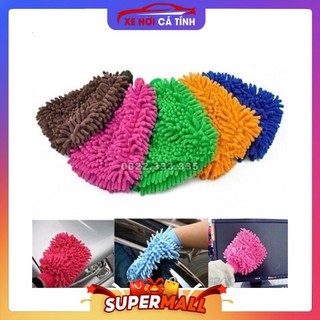 găng tay rửa xe lau chùi ô tô loại dày dặn 2 mặt bông - găng tay san hô