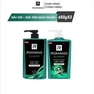 Combo Dầu gội và Sữa tắm sạch khuẩn Romano Classic 650g/chai
