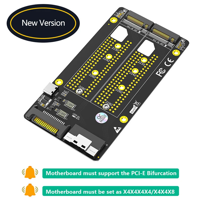 Dual M.2 NVME M Key to SFF-8654 8i Adapter SATA Loại C Nguồn Bo Mạch Chủ Hỗ Trợ PCIe Bifurcation M2 