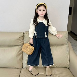 [Mặc phong cách phương Tây] Bộ quần áo trẻ em Hàn Quốc cho bé gái, áo dài tay, áo sơ mi có ve áo thời trang cho bé gái mùa thu, áo vest Denim Kiểu tây dễ phối đồ, quần âu 5