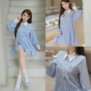 Váy Sơmi Kẻ Cổ Trắng Đính Nơ Khuy Ngọc Chân Xếp Ly Dáng Babydoll Siêu Xinh