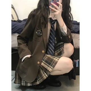 Áo Khoác Âu Phục Màu Nâu Trà Mùa Thu Đông Cho Nữ Áo Phù Hiệu Mùa Thu Phong Cách Học Đường Nhật Bản