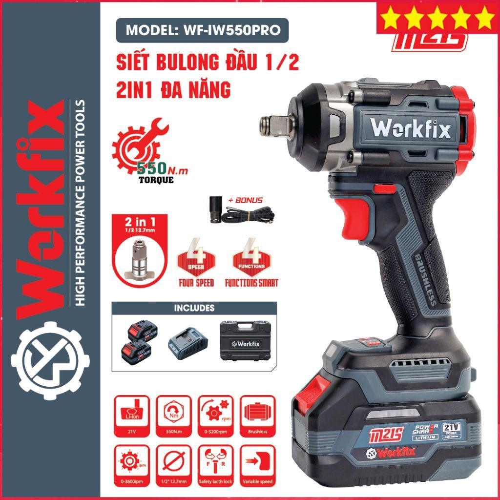Máy Siết Bulong Pin Workfix WF-IW550 PRO chân pin phổ thông, Lực siết lớn 550NM Mở Vặn Ốc Xe Tải, Ô 
