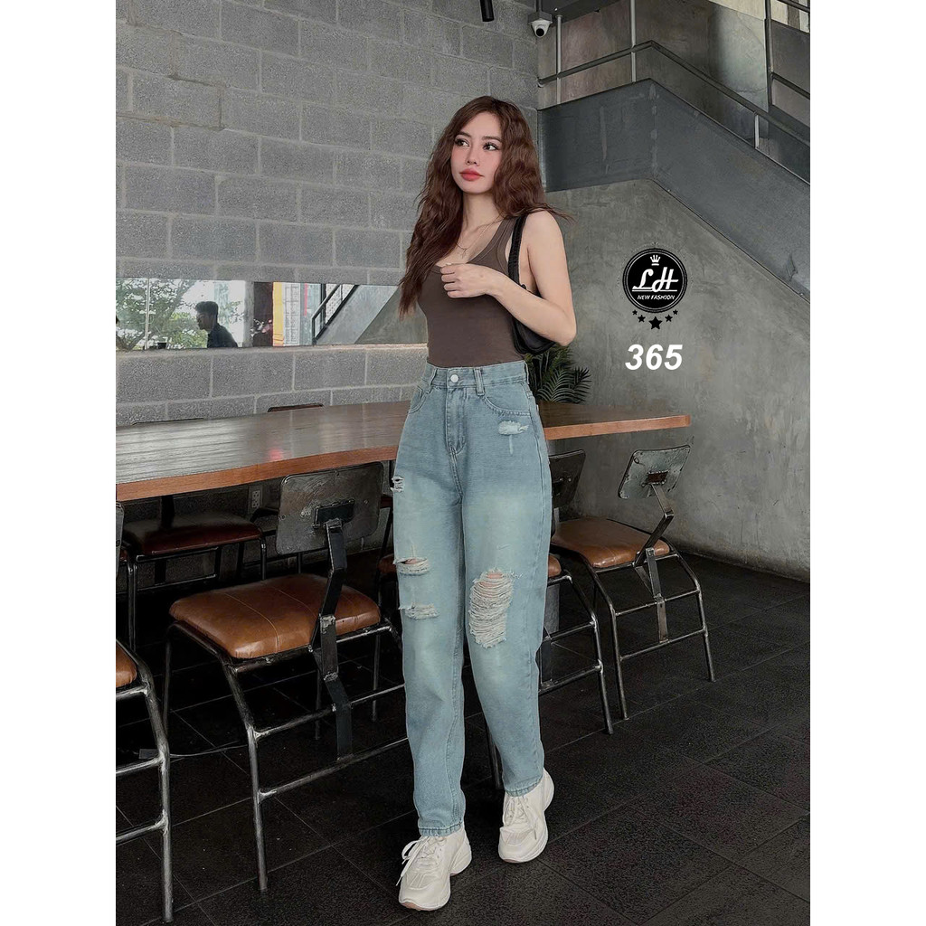 Quần jeans nữ baggy màu xanh cạp cao một nút rách gối Lê Huy Fashion MS 365