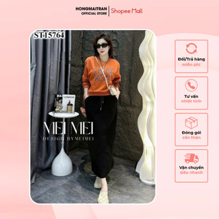 Set đồ nữ thu đông áo Sweater màu cam in hình phối chân váy dáng dài có dây rút cực trendy 2024 HONG MAI TRAN ST15764