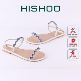  Dép sandal nữ quai dây mảnh đính đá thấp 1cm đi biển thời trang cao cấp Hishoo S147 