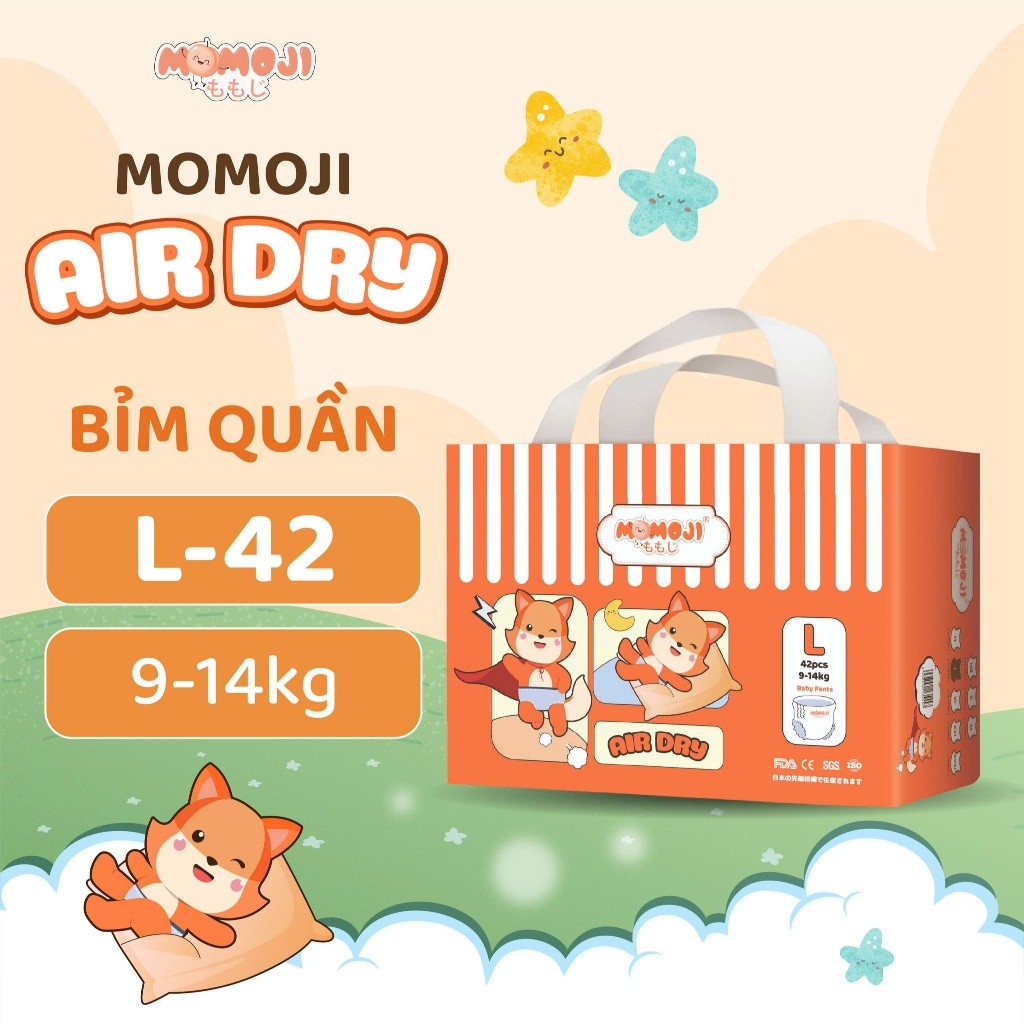 [Phiên Bản Mới] Tã Bỉm Quần Momoji Air Dry Êm Mềm, Siêu Khô Thoáng, An Toàn Cho Bé Size L42