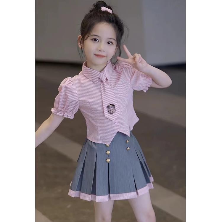 Bộ đồ phong cách Preppy cho bé gái Đồng phục jk Trẻ em Áo sơ mi 2025 Váy xếp ly thời trang Bộ đồ hai