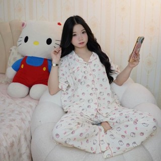 bộ ngủ nữ tiểu thư cổ bẻ cộc dài vải đũi bông mây mùa hè mặc đi ngủ mát mẻ thoải mái Women Quần Ngủ Áo Ngủ Cotton