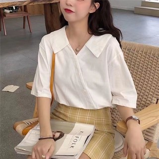 Áo Sơ Mi Cổ Chữ V Trắng Mới Nữ Tay Ngắn Xuân Hè Mỏng Phong Cách Học Sinh Pháp